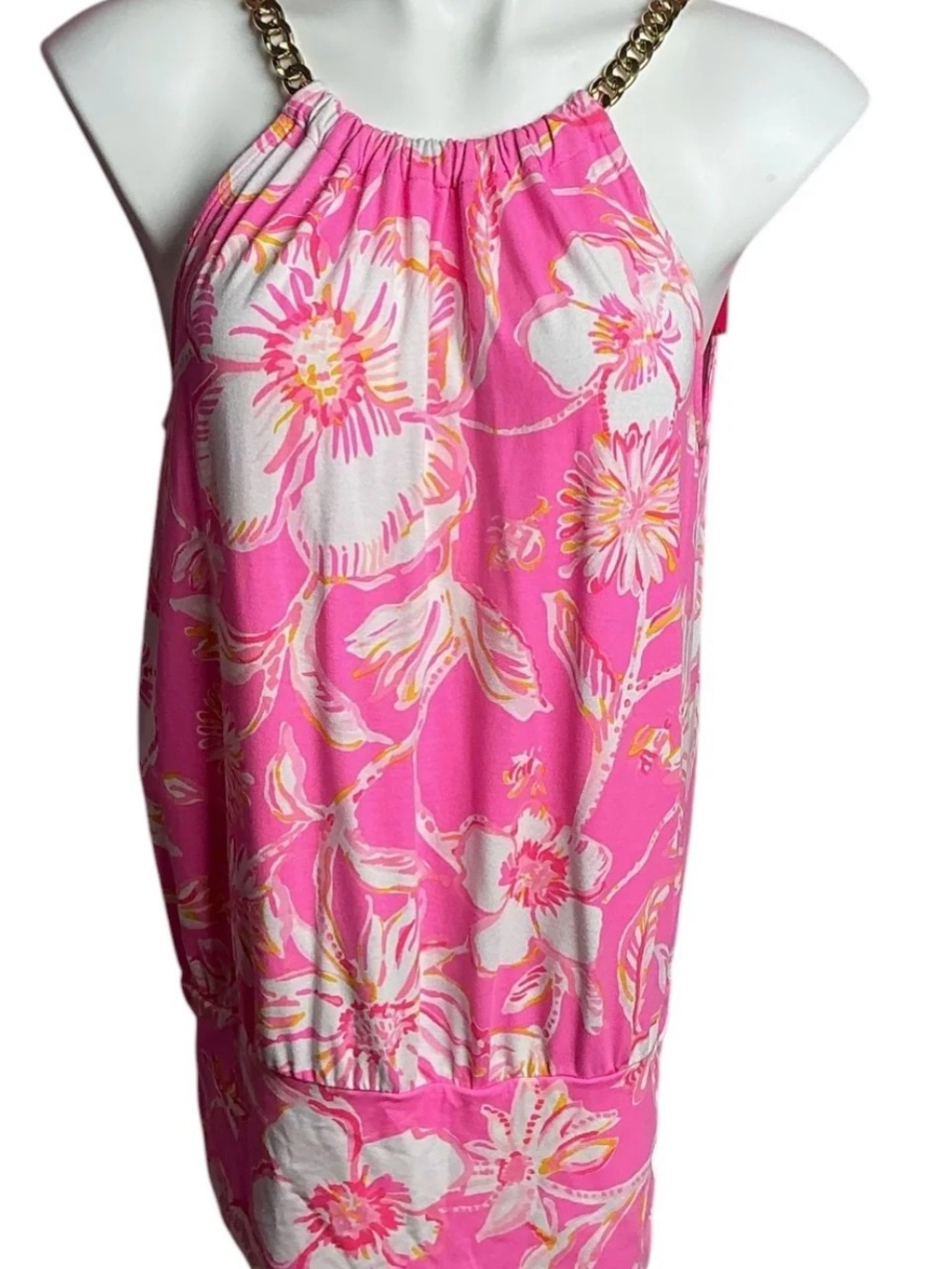 Pink Floral Halter Tank Top with Chain Straps
